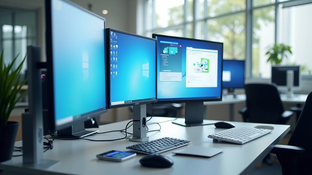 Computador de secretária com múltiplos monitores mostrando interface de controlo remoto em ambiente profissional